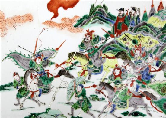 A set of three Chinese famille verte plaques, late 19th century, 25.3 x 38cm, one plaque broken and restored